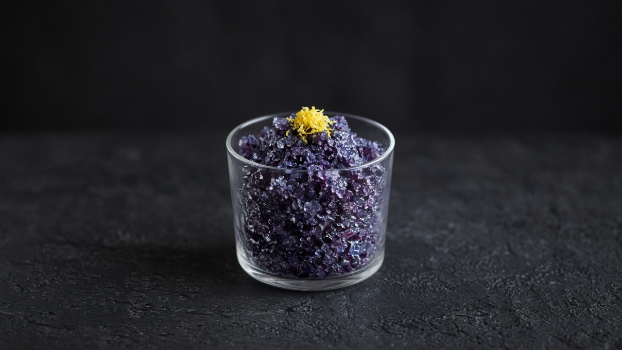 Deep violet blueberry granita in a small glass topped with grated lemon zest.