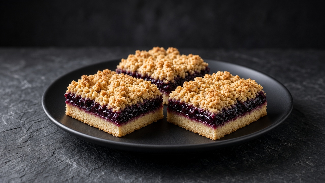 Shortbread bars with a thick purple blueberry layer under a golden crumble.