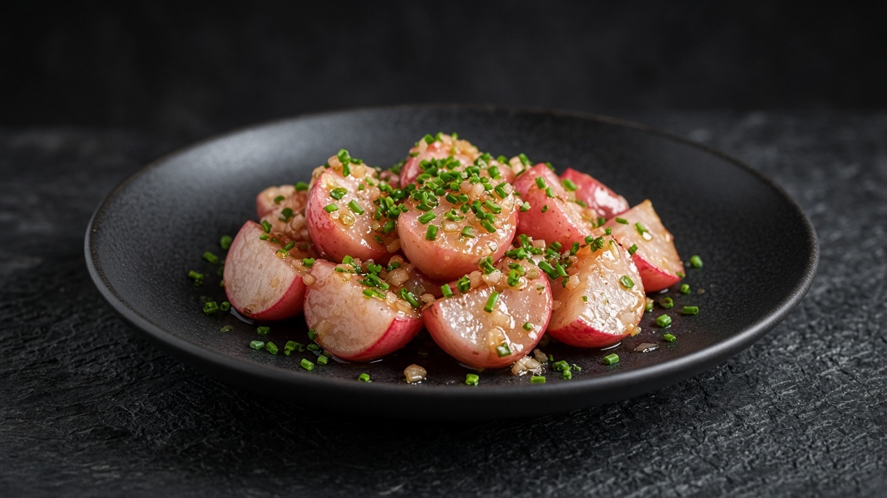 Glazed braised radish halves with shallot and chives on a matte dark plate.