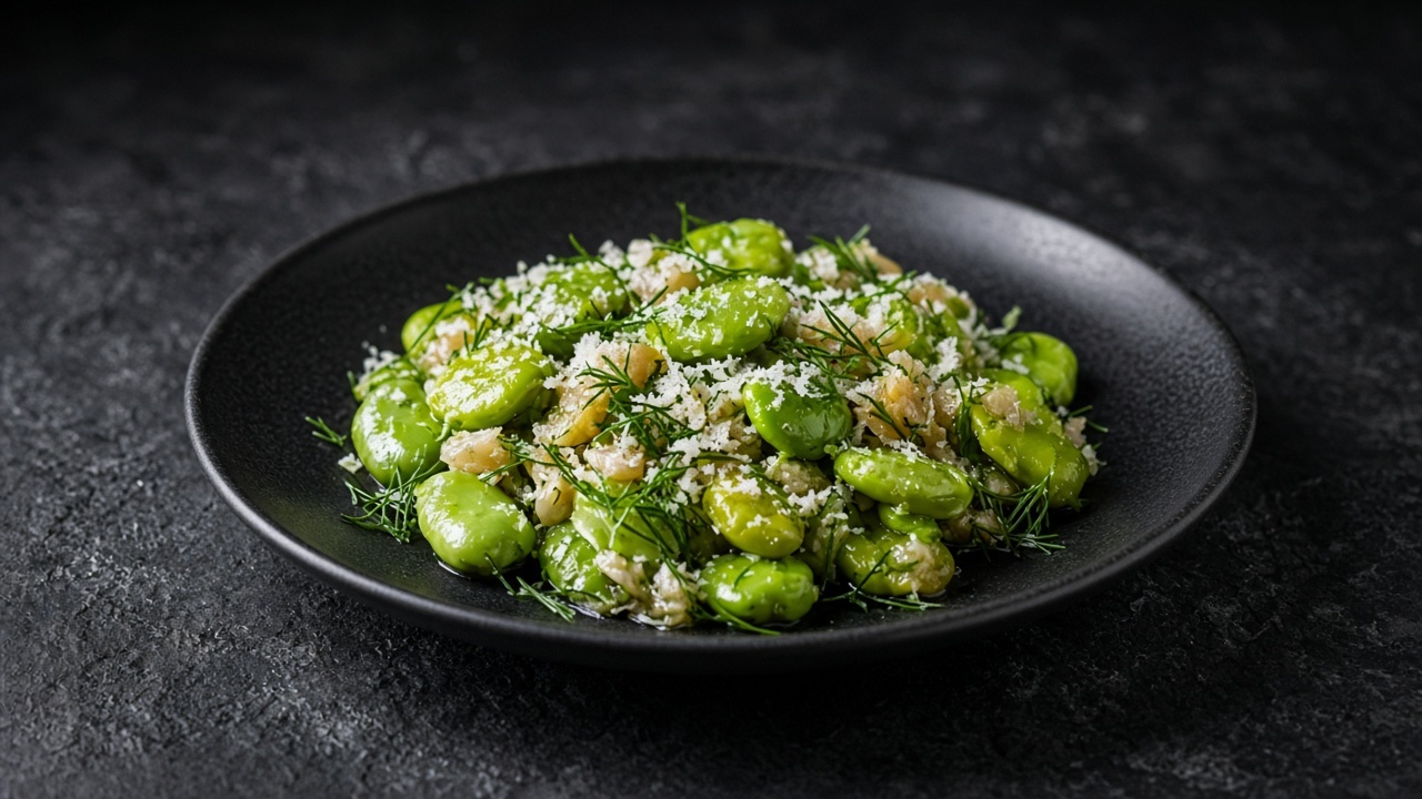Broad beans in dill butter with shallots and parmesan on a black plate
