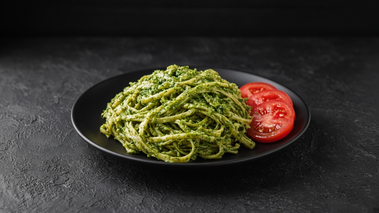 Linguine coated in a thick, bright green broccoli pesto with slices of red tomato on the side.