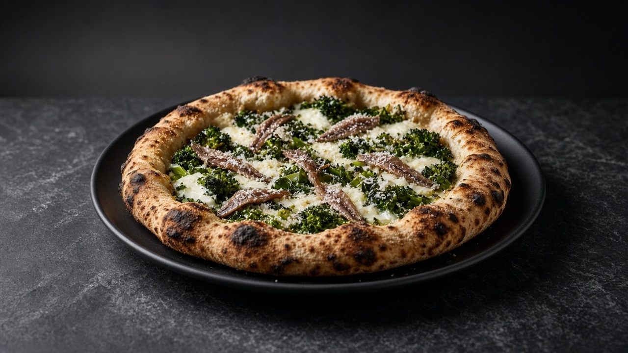 A wood-fired pizza with a charred rim, topped with dark green broccoli rabe, white cheese, and anchovy fillets arranged over the top.