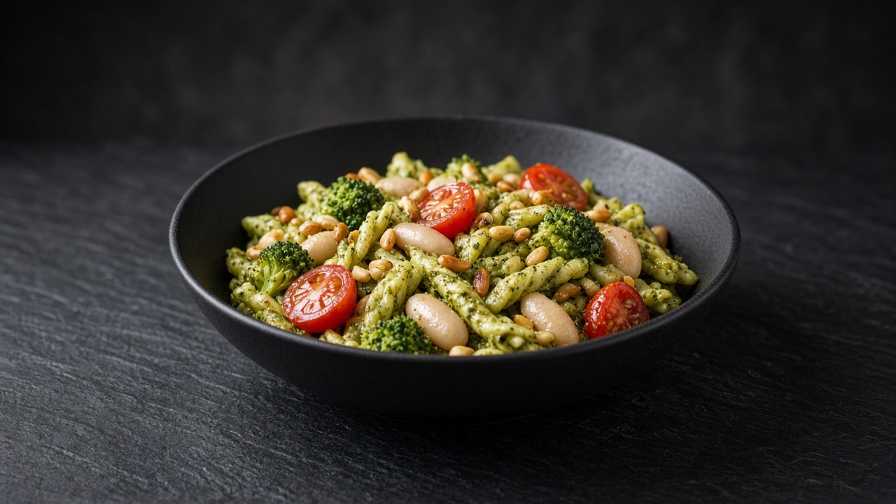 Short twisted pasta with small broccoli florets, white beans and cherry tomatoes coated in green basil pesto, scattered with pine nuts.