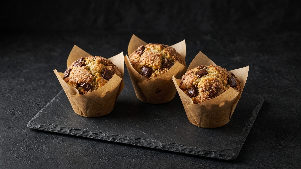 Tall muffins in baking-paper tulip cases with a sugary crust and chocolate chunks.