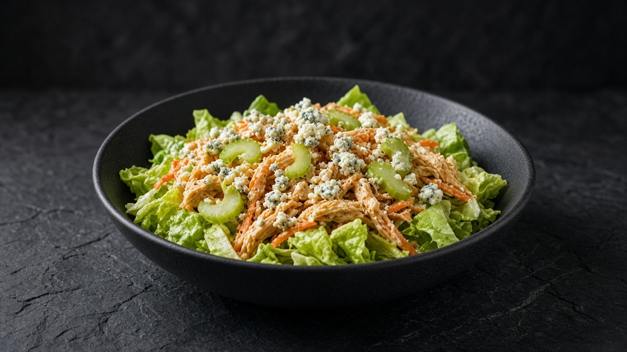 Orange-tinged creamy shredded chicken with celery and carrot on shredded romaine, topped with crumbled blue cheese.