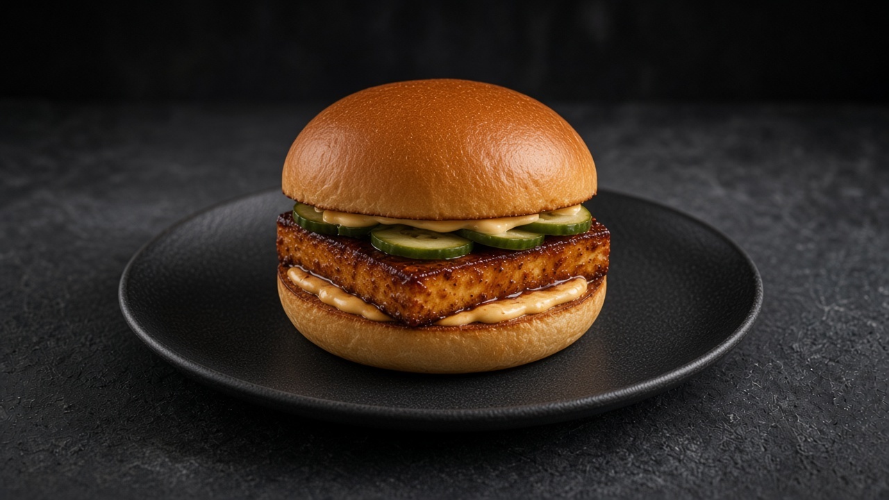 A toasted bun filled with chargrilled glazed tofu, spicy mayonnaise and pickled cucumber slices on a matte dark slate.