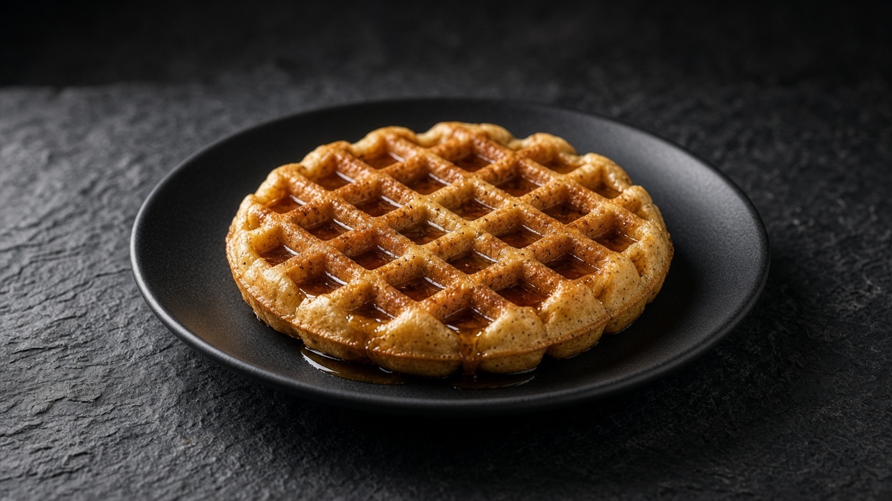 A golden buttermilk waffle with visible flecks of vanilla, served with maple syrup pooling in its grid.
