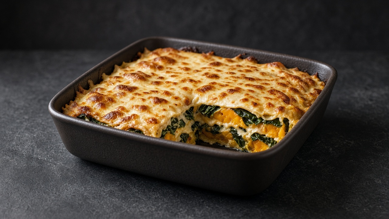 A square dish of butternut squash and chard lasagne with browned cheese, a portion cut away to show the layers.