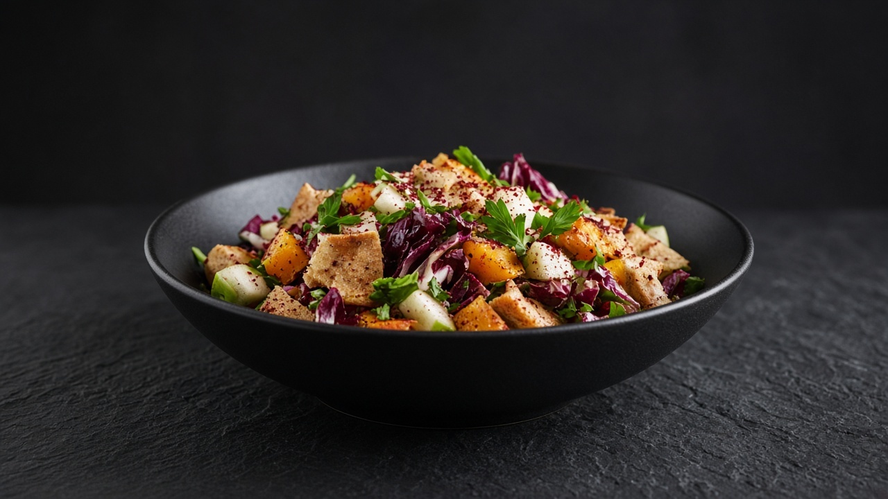 Golden roasted squash cubes with diced apple, purple radicchio, parsley and pieces of toasted pitta, dusted with red sumac.