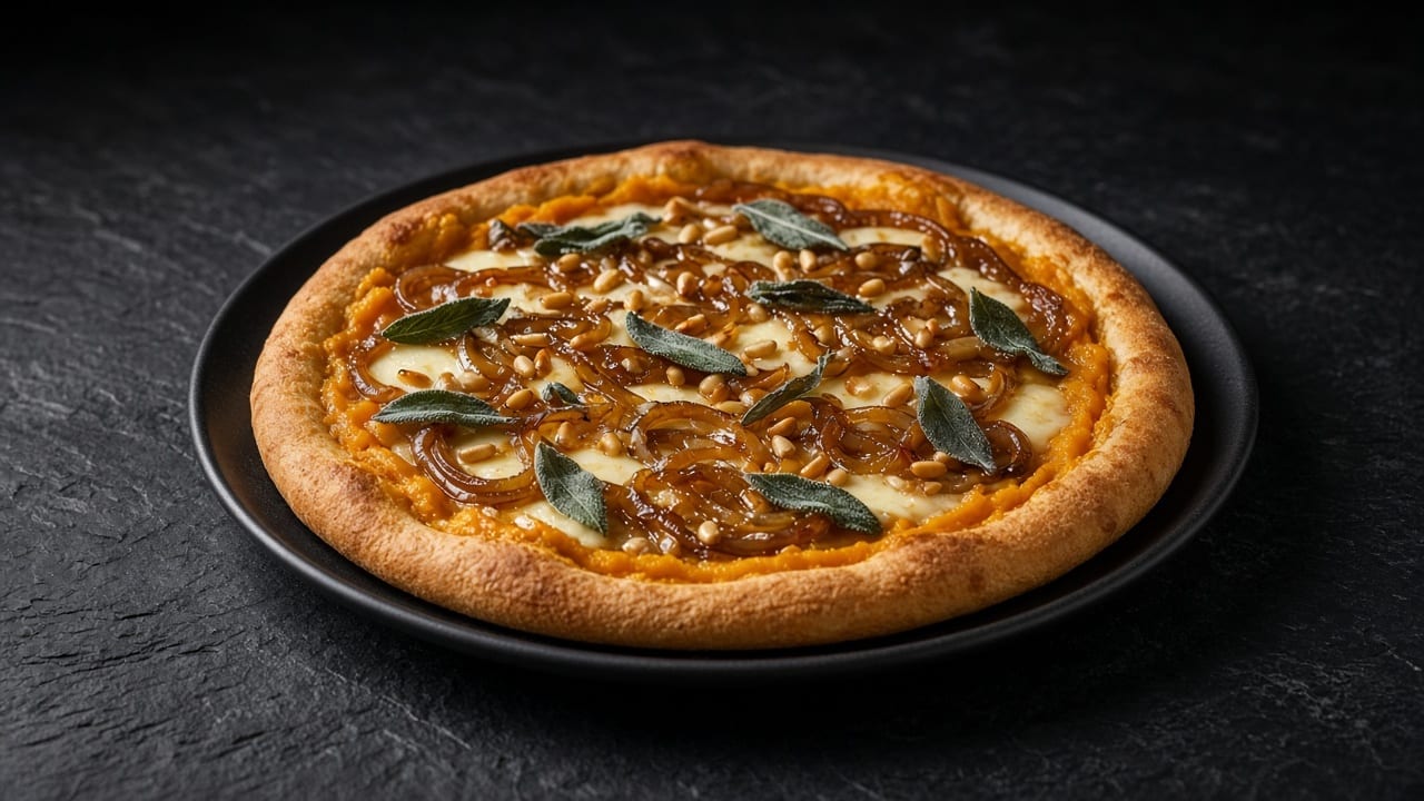 Golden-based pizza topped with squash purée, caramelised onion rings, melted cheese, crisp sage leaves and pine nuts.