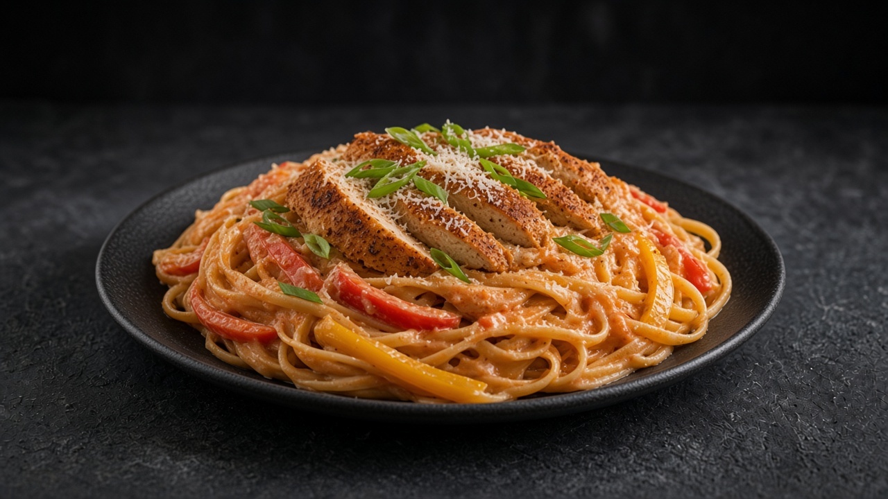 Cajun chicken pasta with sliced peppers in a creamy sauce on a matte dark plate.