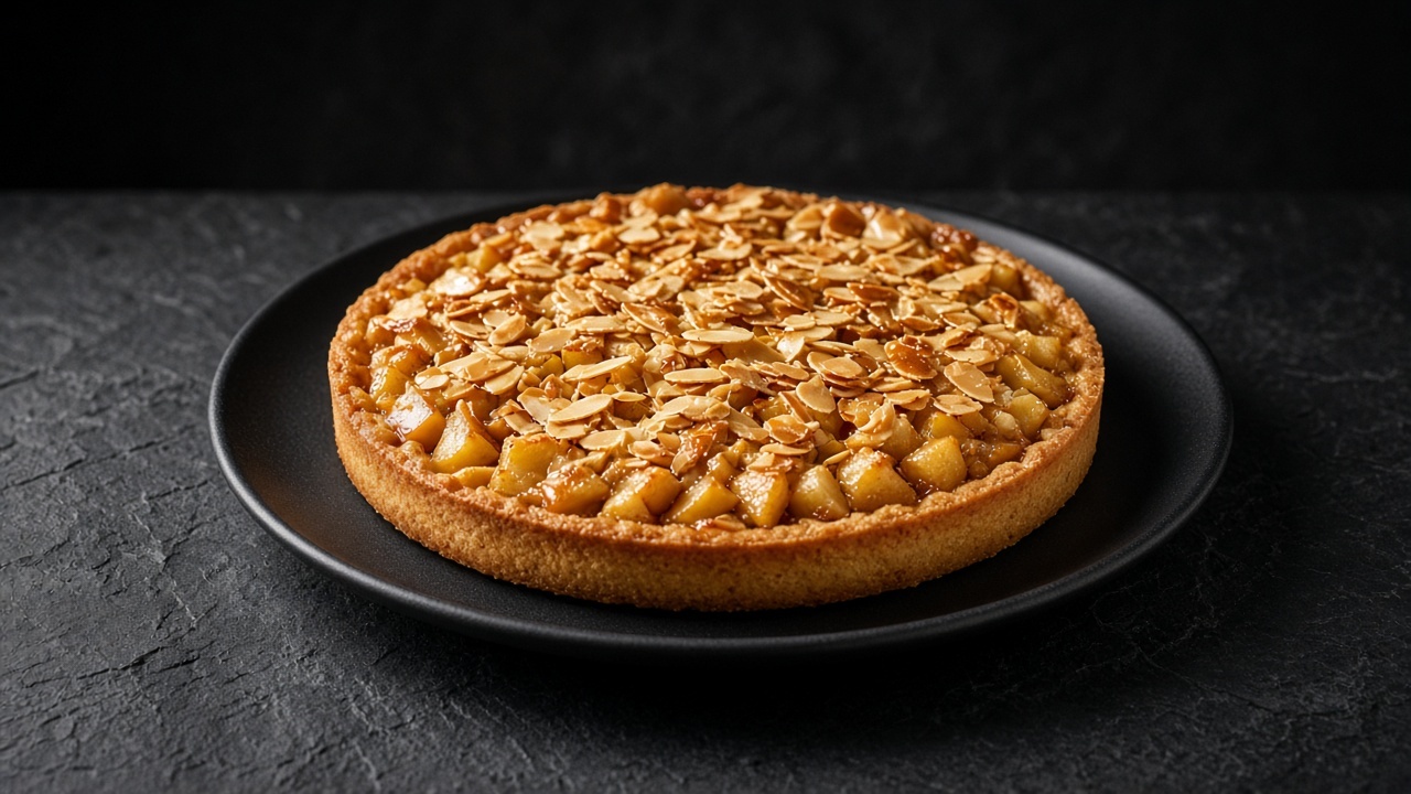 A tart of golden diced apples under a crisp, glossy slivered almond topping.