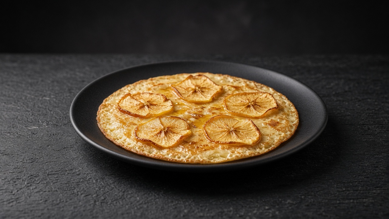 A single golden crêpe with thin caramelised apple slices cooked into its surface and glazed with butter sauce.