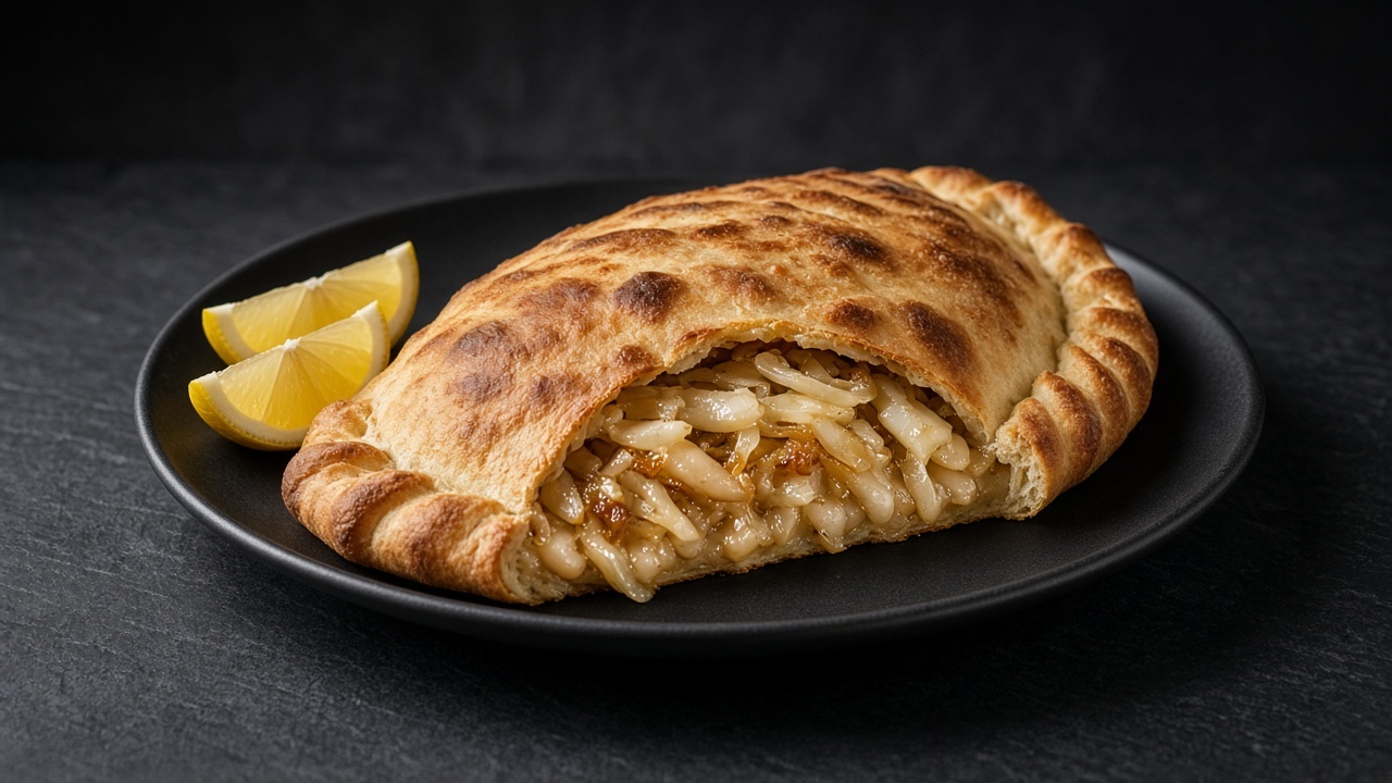 A large golden-brown calzone with a crimped border, cut open to show a caramelised onion filling, on a plate beside two lemon wedges.