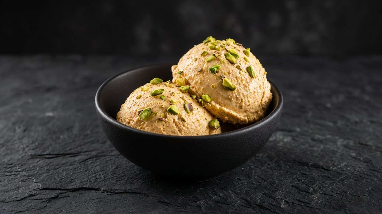 Two scoops of pale orange spiced carrot halva ice cream scattered with chopped pistachios in a black bowl.
