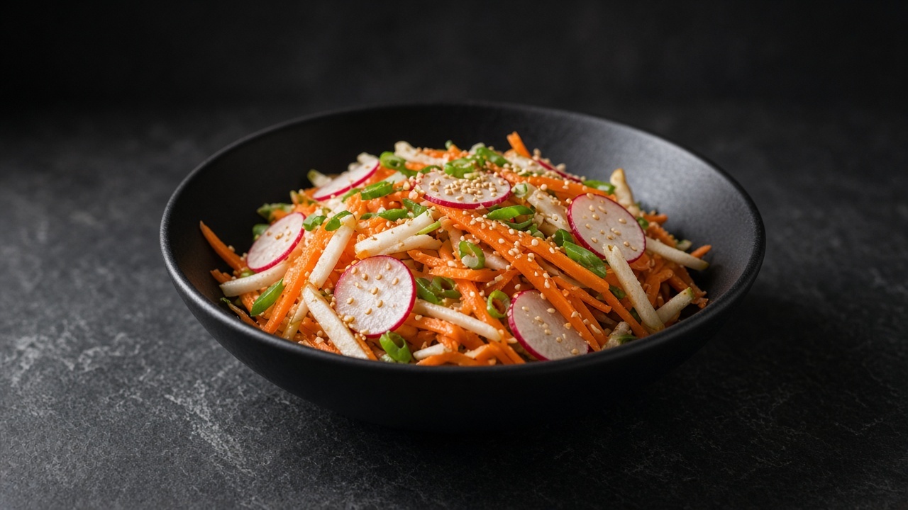 A bowl of grated orange carrot, pink-edged radish slices, pale pear matchsticks and spring onion greens, sprinkled with sesame seeds.