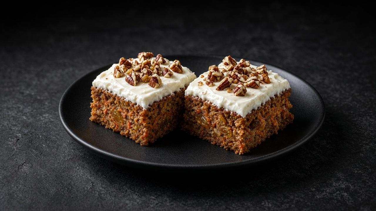 Two squares of carrot snack cake with cream cheese frosting and chopped pecans on a matte dark plate.