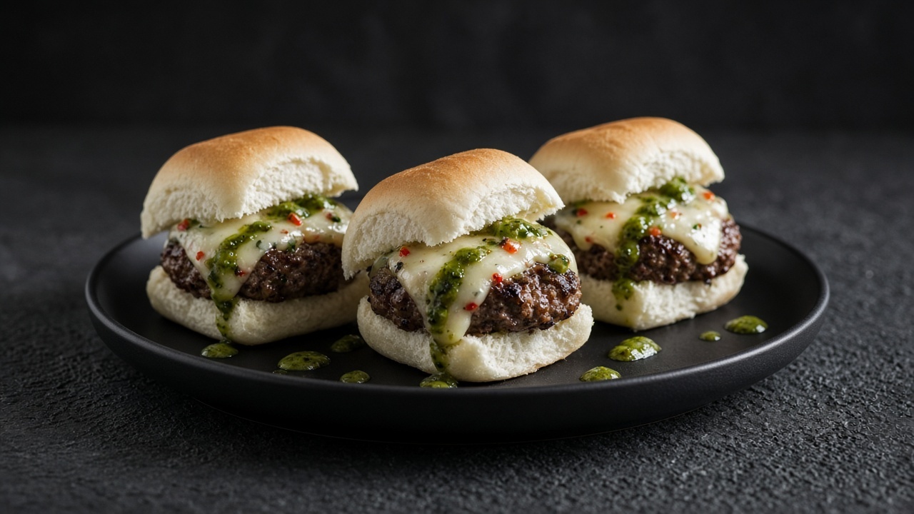 Three beef sliders topped with melted pepper cheese and green chilli sauce in soft white rolls.