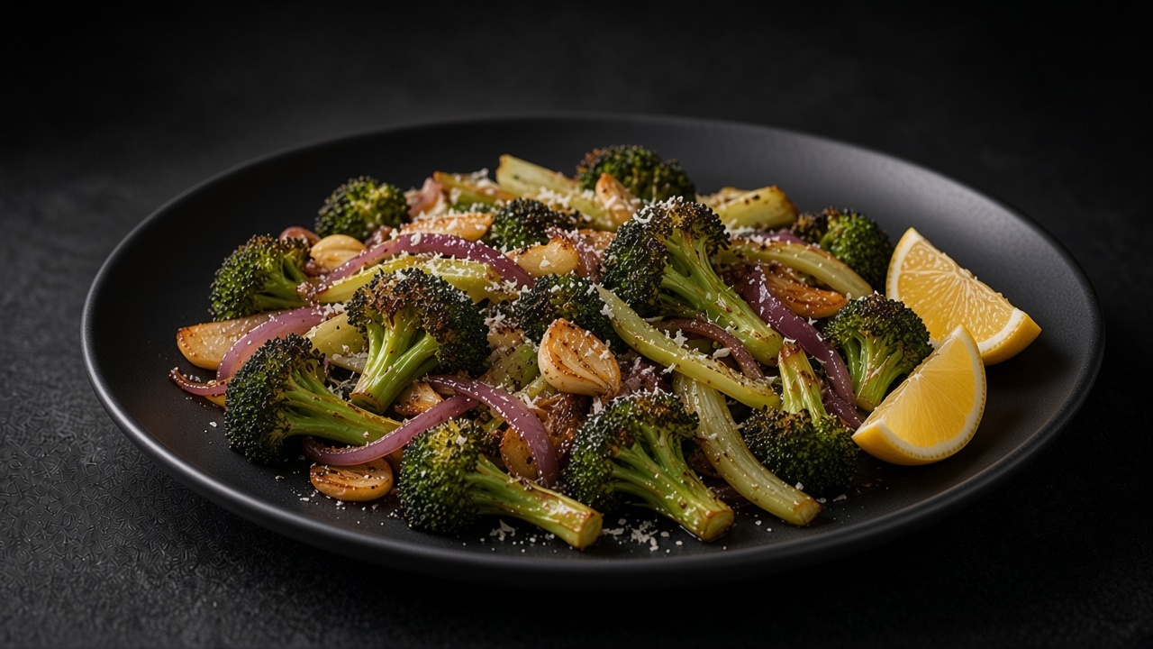 Charred, oven-roasted broccoli florets and stem slices with red onion and garlic, finished with grated Parmesan, lemon wedges alongside, on a matte black plate.