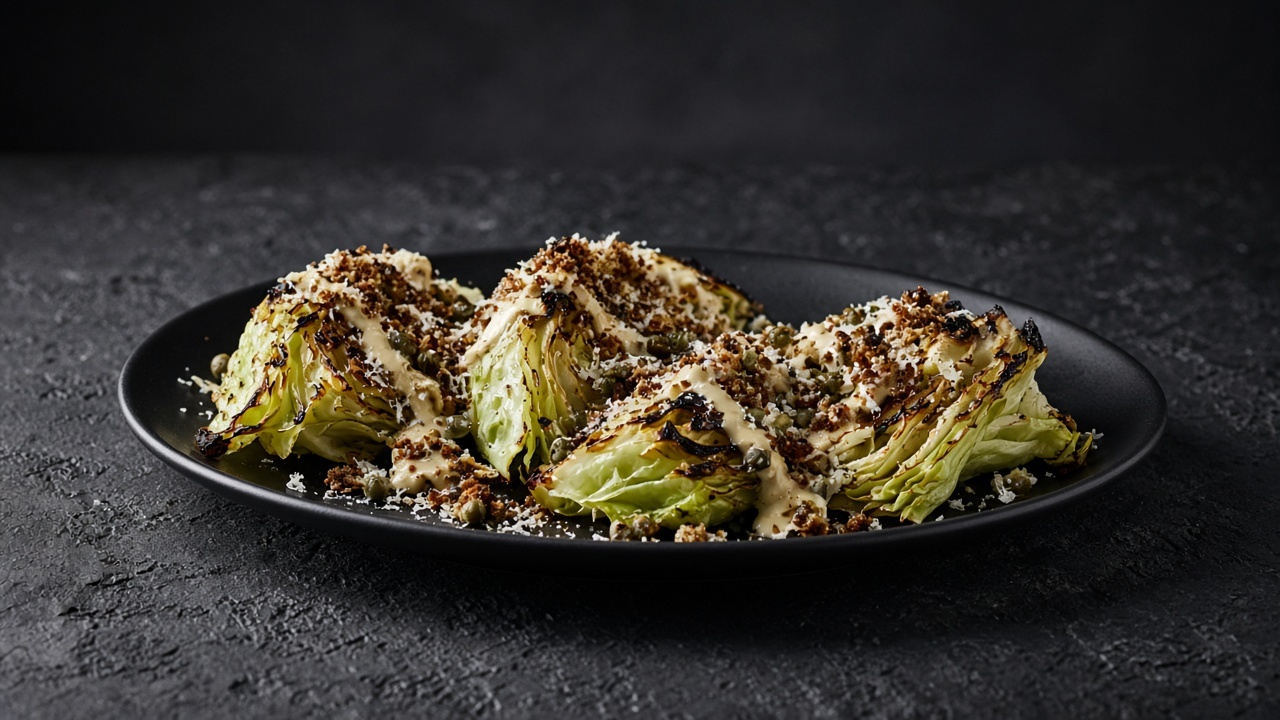 Charred green cabbage wedges on a platter, drizzled with creamy dressing and topped with dark rye crumbs, capers and grated cheese.