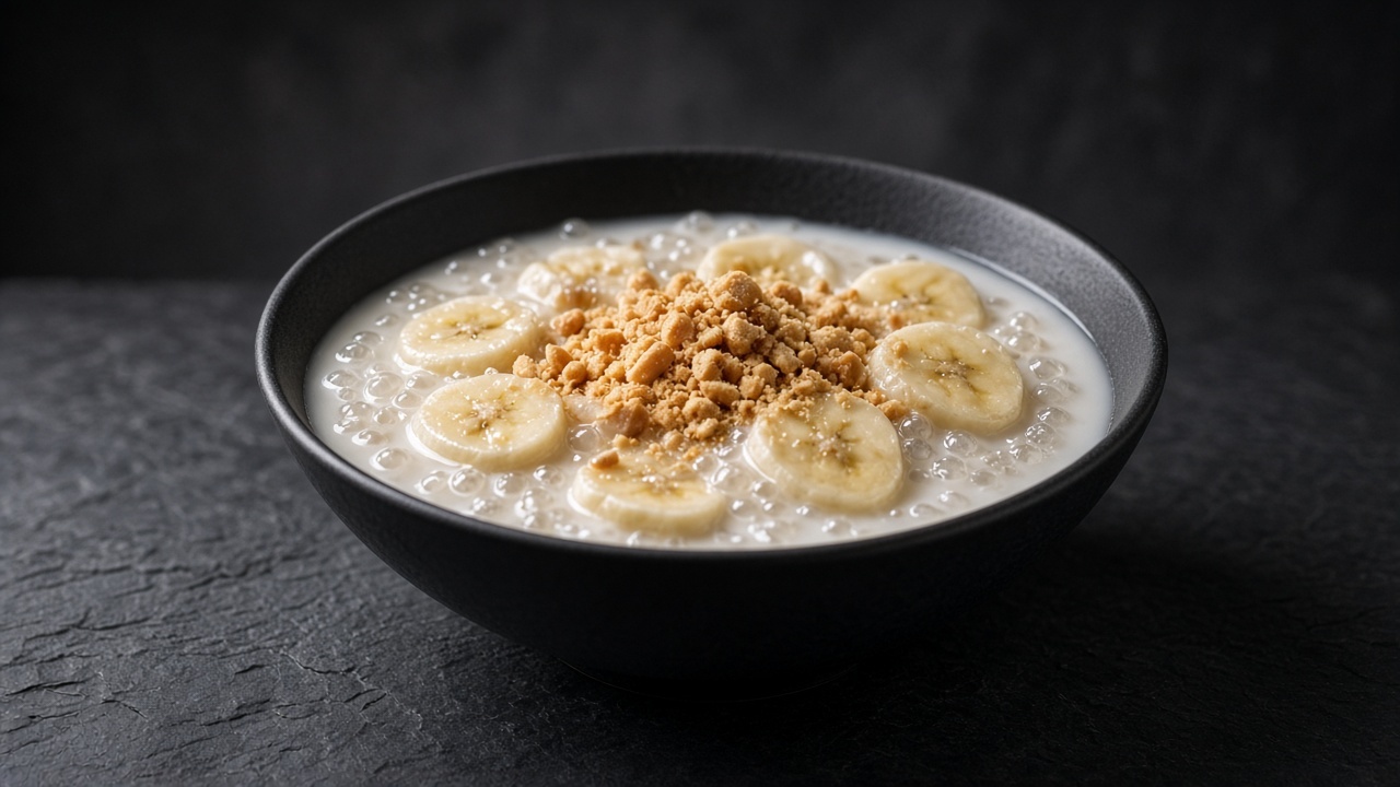 A bowl of warm banana and tapioca pudding in coconut milk, topped with crushed peanuts.
