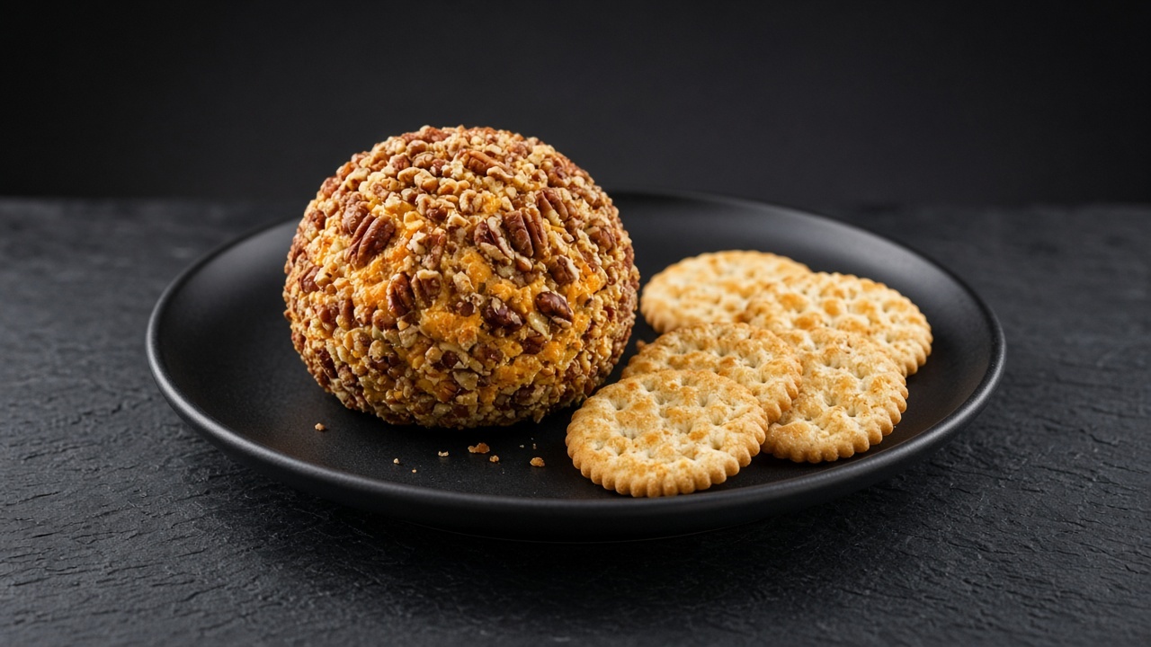 Pecan-coated cheddar cheese ball with crackers on a black plate