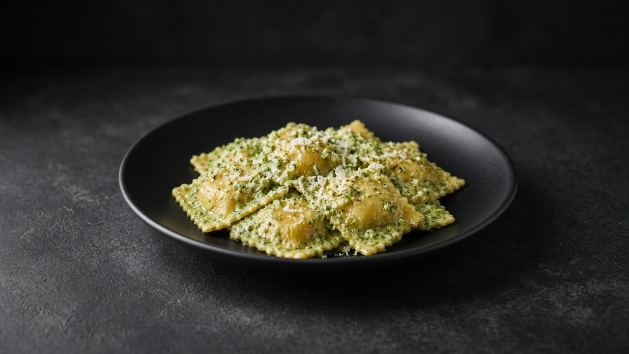 Cheese ravioli coated in a pale green fennel and tarragon pesto with grated parmesan.