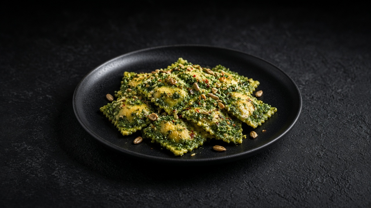 Cheese ravioli in a vivid green kale pesto with toasted sunflower seeds and chilli flakes.