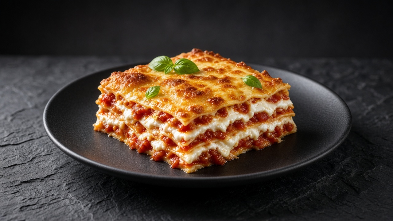 A slice of tomato and cheese lasagne with red sauce, melted cheese and basil.