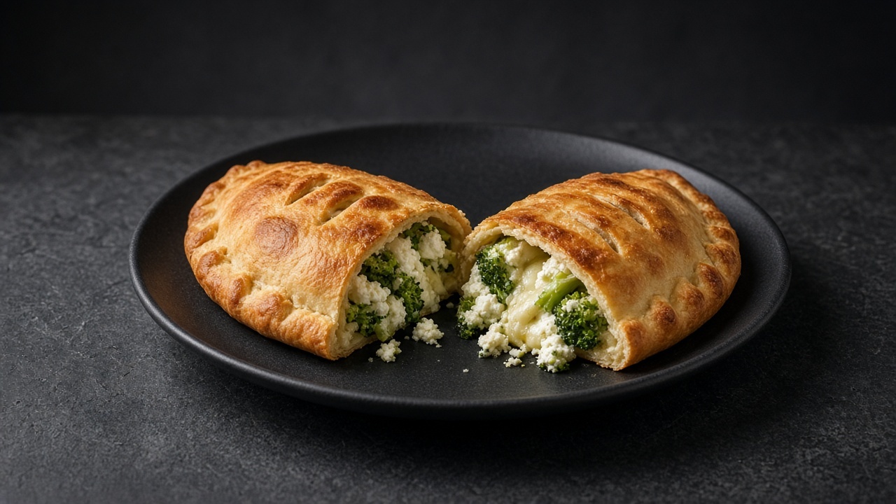 A golden half-moon calzone with a slashed top, cut in two to reveal a broccoli, feta and melted cheese filling.