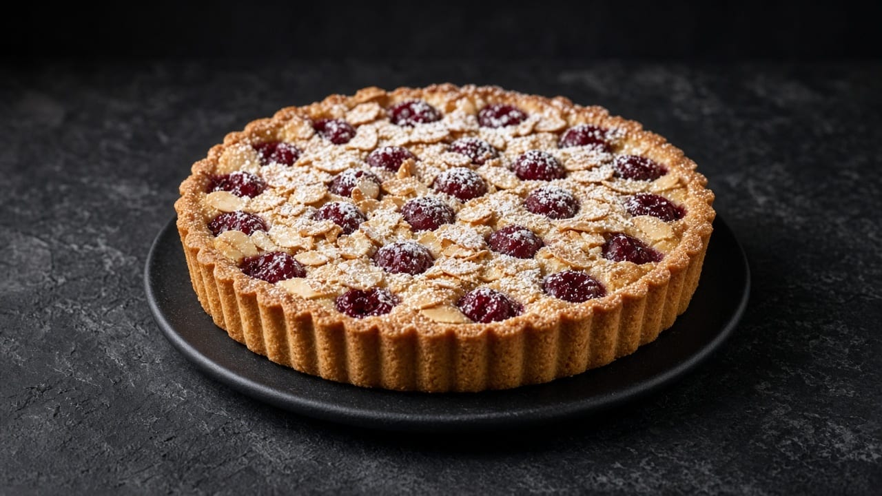A golden almond tart studded with dark cherries and flaked almonds, dusted with icing sugar.