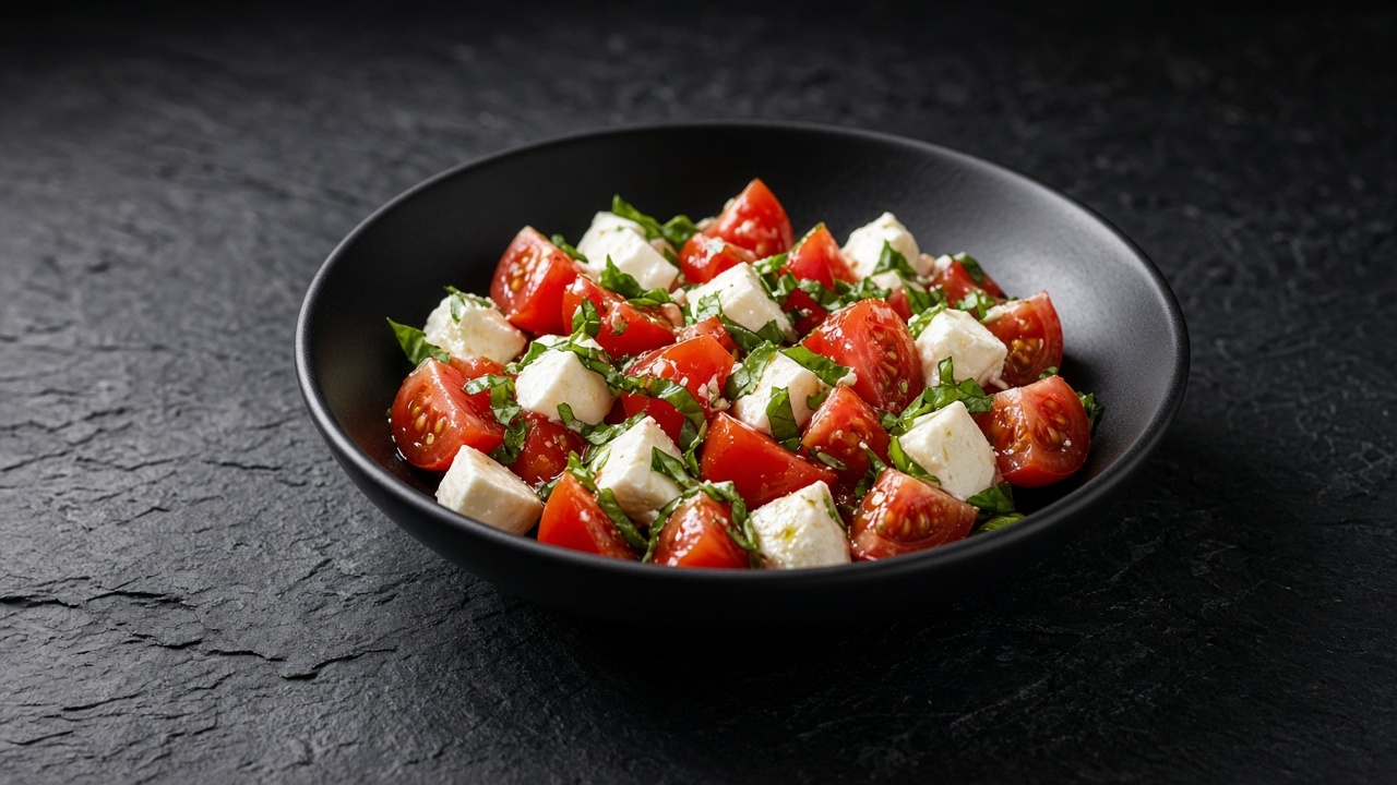 A bowl of quartered cherry tomatoes tossed with mozzarella cubes and chopped basil, glistening with dressing.
