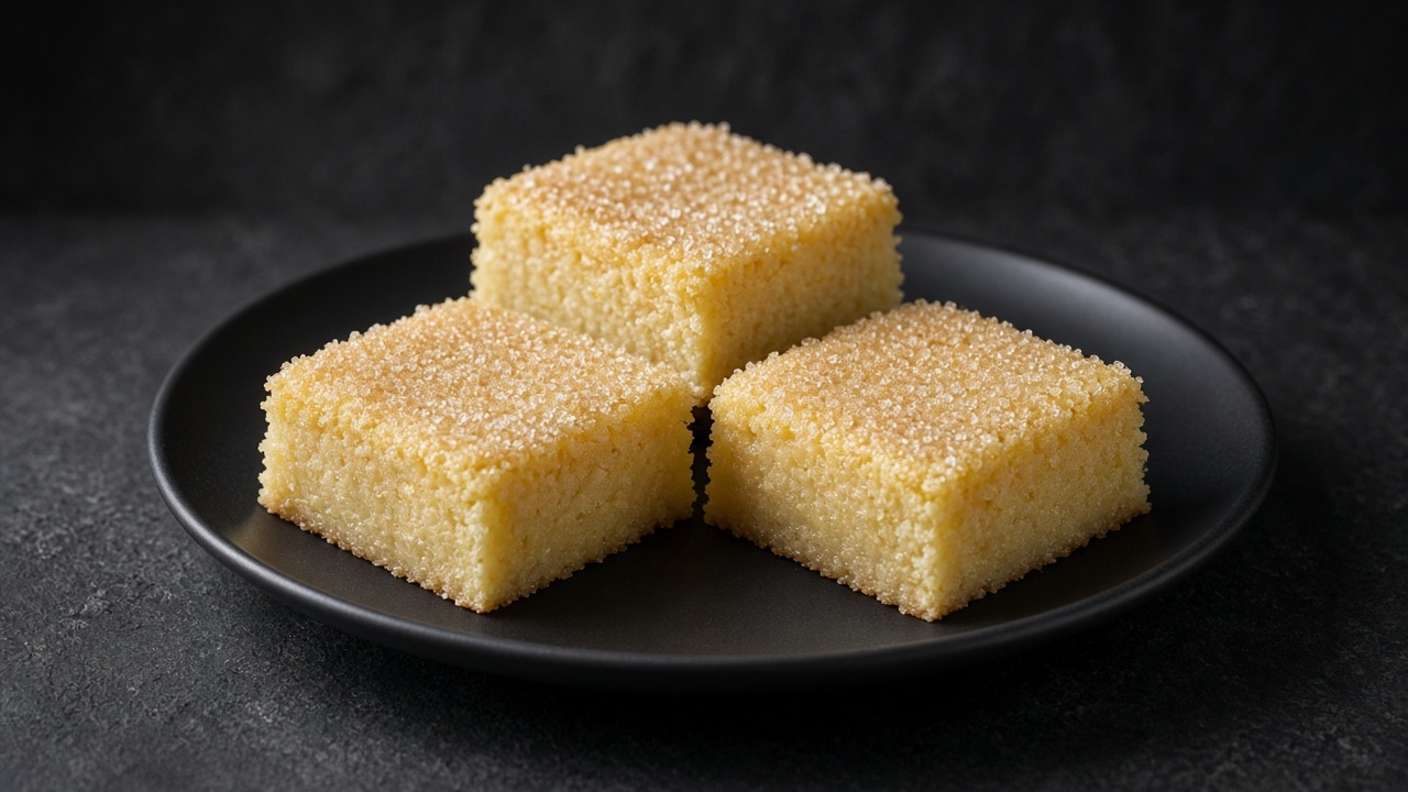Pale yellow lemon blondie squares with a sparkly lemon-sugar top.