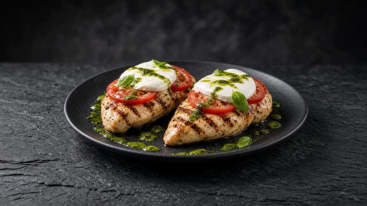 Grilled chicken breasts topped with tomato slices and melting mozzarella, drizzled with green basil oil and fresh basil leaves.