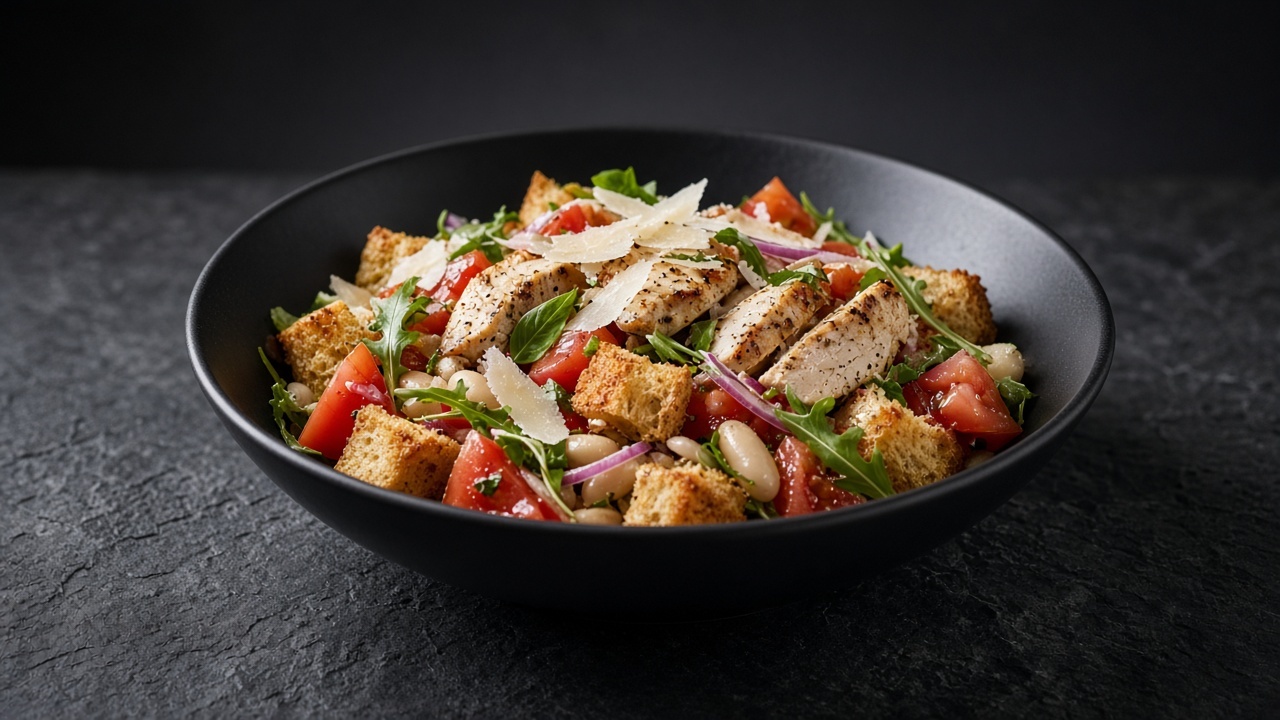 A bowl of tomato chunks, golden bread cubes, white beans, sliced chicken, red onion and rocket topped with shaved cheese.