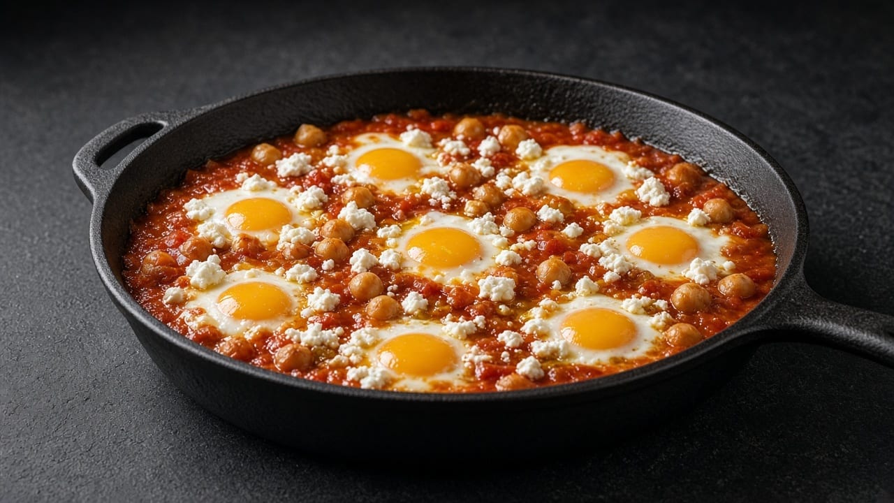 Eight eggs nestled in a russet chickpea and tomato sauce, topped with creamy goat cheese.