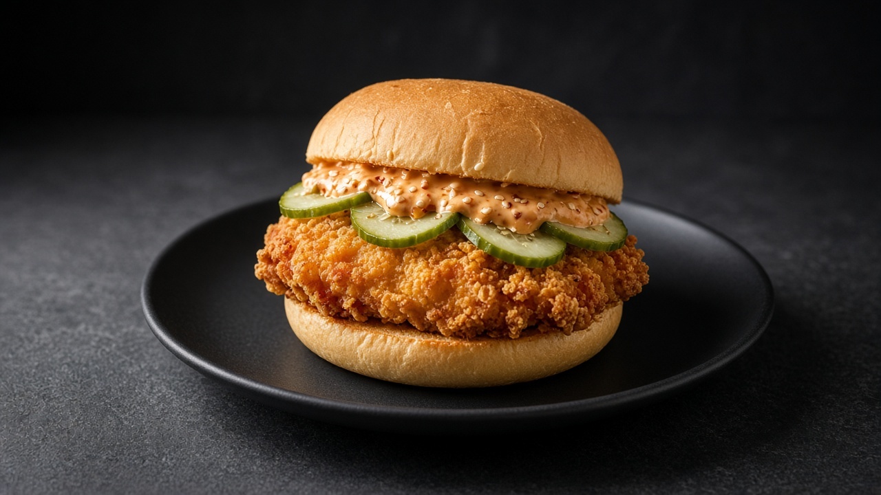 Golden-fried chicken thigh in a soft bun topped with creamy chilli mayo and cool sesame-spiked cucumber pickle.