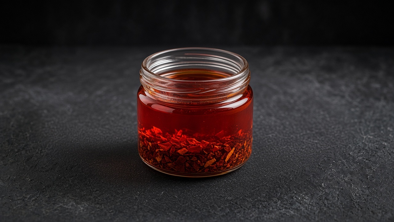 A small glass jar of ruby-red chilli-infused oil on a matte dark slate.
