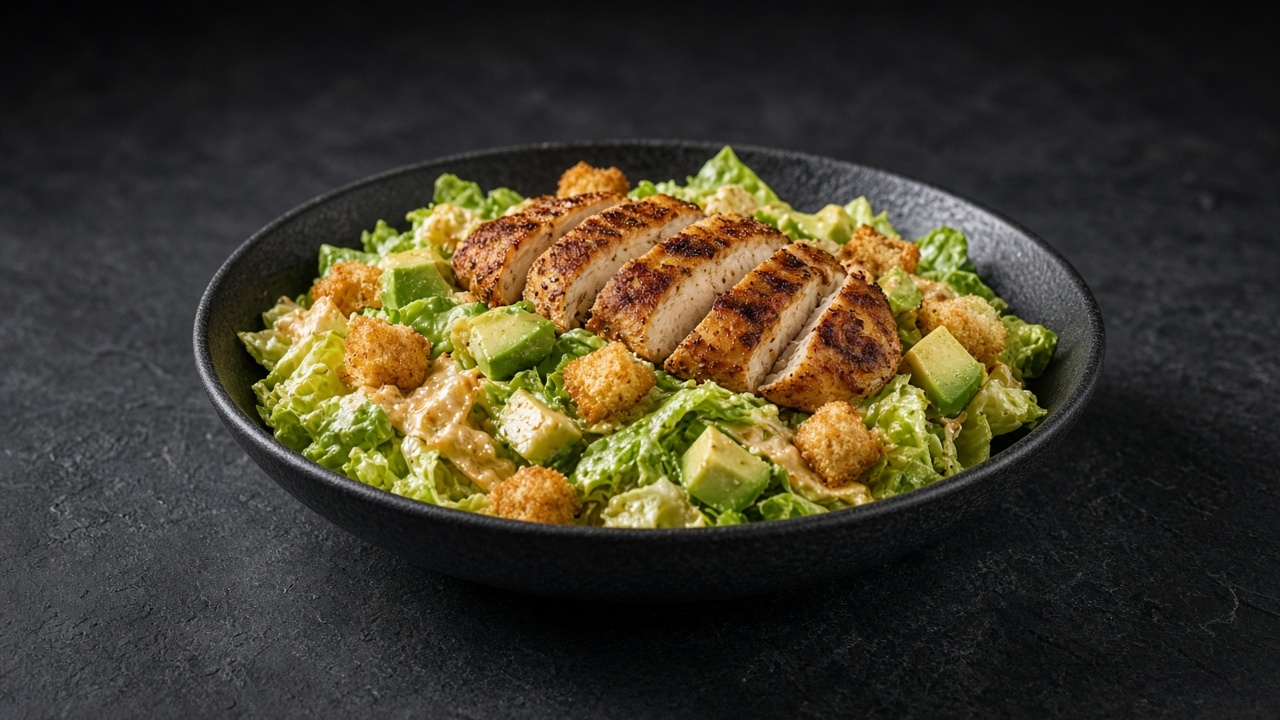 Romaine in an orange-tinted creamy dressing, topped with sliced seared chicken breast, avocado cubes and golden croutons.