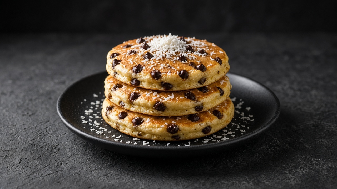 A stack of golden pancakes studded with chocolate chips and sprinkled with shredded coconut.