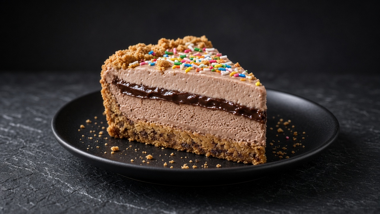 A wedge of ice cream pie with a chocolate chip biscuit crust, chocolate ice cream, a fudge ribbon and sprinkles.