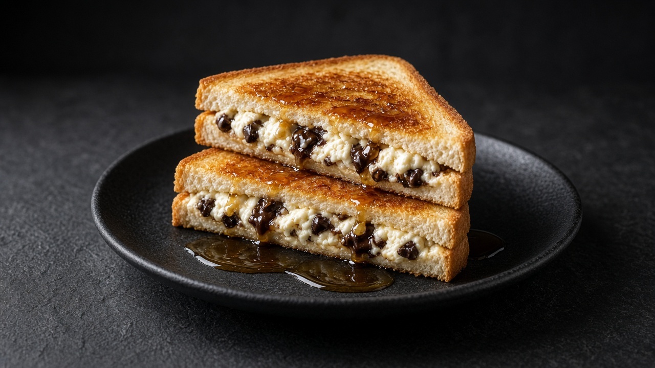 Cut sandwich triangles with a golden fried crust and melted chocolate chip cream cheese filling, drizzled with maple syrup.
