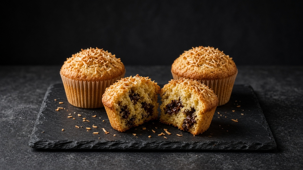 Muffins topped with toasted coconut shreds, one broken to show melted chocolate chips.