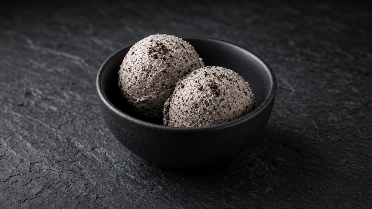 Two scoops of pale grey custard ice cream speckled with chocolate sandwich cookie crumbs in a black bowl.