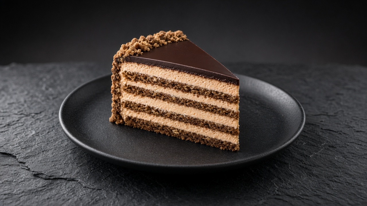 A slice of icebox cake with chocolate ginger sponge layers, pale peach semifreddo, a dark chocolate glaze and gingersnap crumbs.