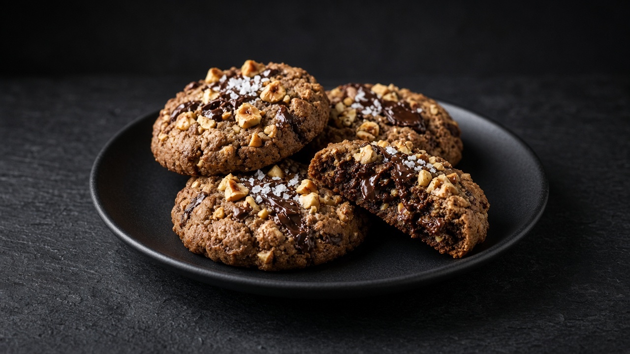 Chocolate hazelnut cookies with dark chocolate and flaky salt, one broken open, on a matte dark plate.