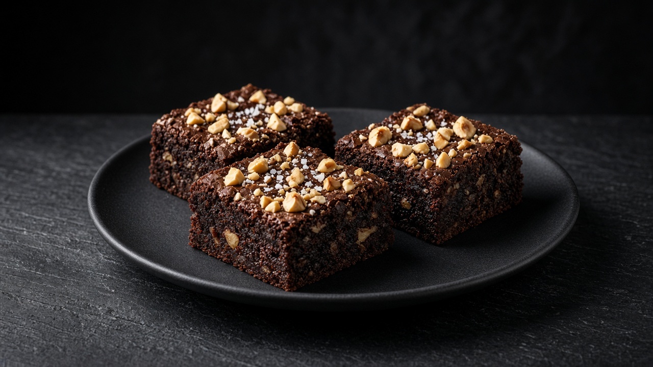 Dense hazelnut chocolate brownie squares flecked with chopped hazelnuts and flaky salt.