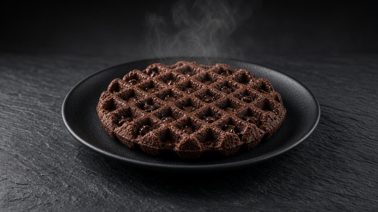 A dark, deeply ridged chocolate waffle studded with melted chocolate chips, steam rising from its crisp surface.