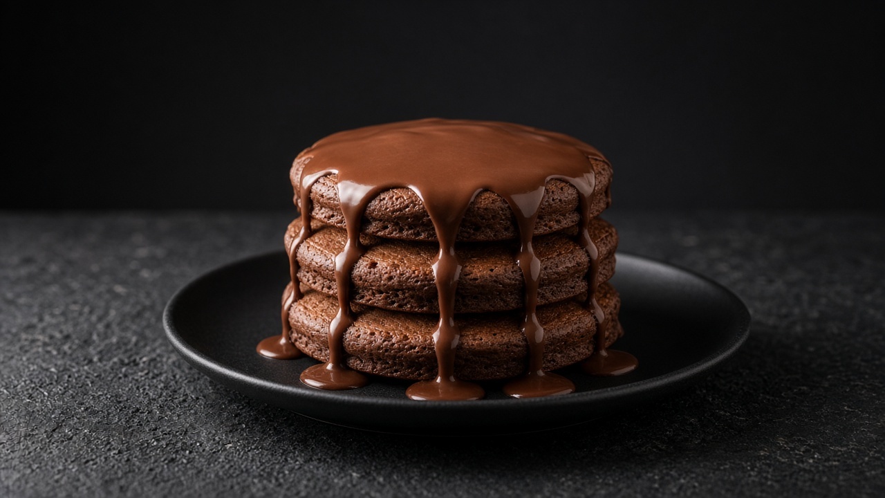 Stack of dark chocolate pancakes drizzled generously with glossy warm chocolate sauce.