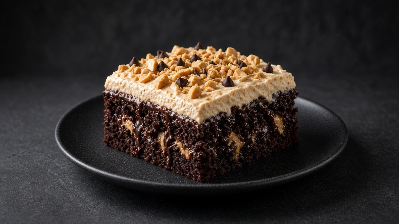 A square of chocolate poke cake with peanut butter ganache, whipped topping and chopped peanuts on a matte dark plate.